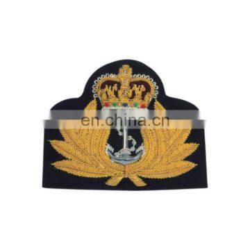 Navy Hand Embroidered Cap Badge | Bullion Handmade Embroidered Cap Badge | Navy Cap Badge with Anchor and Crown on black Cloth