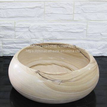 Yellow Sandstone Bathroom Vessel Round Sink Natural Stone Wash Basin photo-2