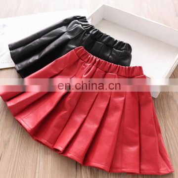 Autumn new arrivals 2-color pu pleated leather skirt  girls