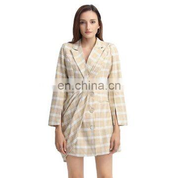 TWOTWINSTYLE Dress Notched Long Sleeve High Waist Elegant Mini Dresses Female Ruched Plaid photo-4