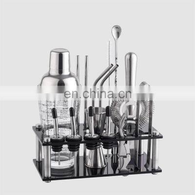 Creation Factory Customizable Rotate Logo Stainless Steel Cocktail Bar Set 400ml Recipe Glass Shaker With Acrylic Frame Stand