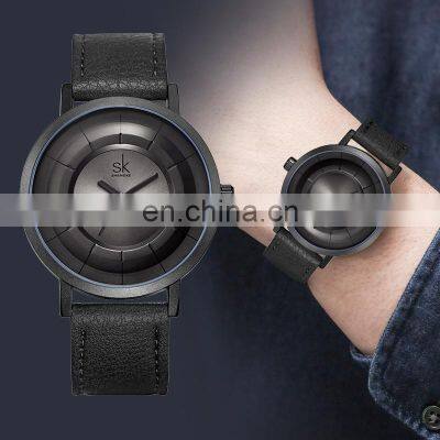 SHENGKE Elegant Men Watch Leather Band Matte Black Watches Japanese Quartz Watches Man Gift K9015G