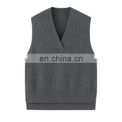 Women's Casual Fit Cashmere Woolen Sweater Vest with V-Neck Collar Embroidered Logo Solid Pattern Outer Wear with Front Logo