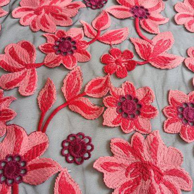 XF6046 Hot Pink Luxury Embroidery Lace Fabric Fashion Design Mesh Fabric For Dress