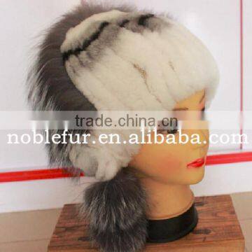 high click rabbit fur with silver fox fur winter pompom headwear