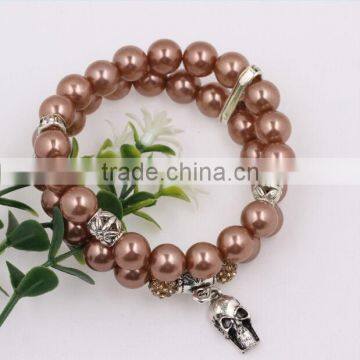 Fashion Chunky Brown Pearl Bracelet With Charm Skull