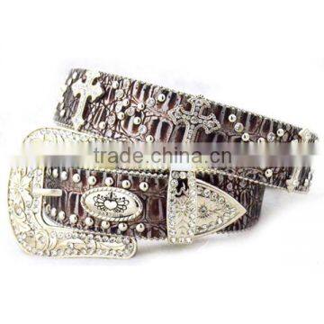 Wholesale Women's Rhinestone Studs Cross Brown Leather Belts