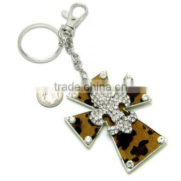 Cross leopard keyring fashion rhinestone fleur de lis keychain