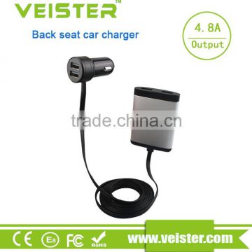 Veister mutil function Car Charger 4 USB port 4.8A Phone Backseat with Extending Dual Port Hub Cable