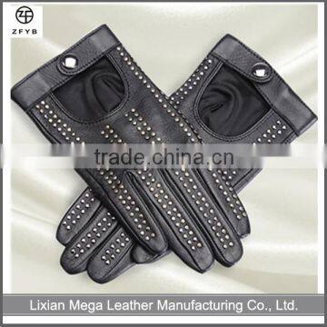 women black leather fashion studs driving leather gloves