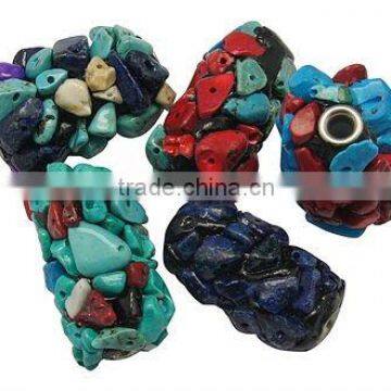 Handmade Indonesia Beads, with Copper Core and Gemstone Beads, Tube, Multicolor, about 18~22x32~34mm, hole: 3.8mm.(CLAY-G011)