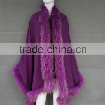 Women Winter Outwear Genuine Raccoon Fur Trim Purple Wool Poncho Cape