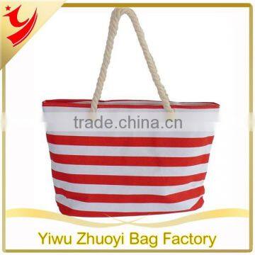 Red and White Cotton Canvas Beach / Tote Bag with Two Inside Pockets