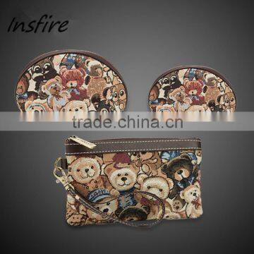 China factory coins bag with zipper bear print canvas purse set