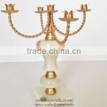 White Onyx Brass Work Candle Stand of 5 Branch