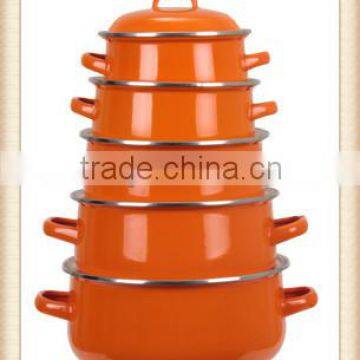 Upscale Orange Mirror Enamel Cookware Pot Set Non-Stick Double Handle Soup Sauce Pot Enamel Cooking Pot Set