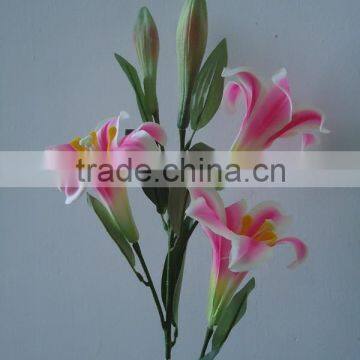 silk artificial pink lily with 3 head ,fake lily flowers home decorative lily flower