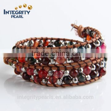 6mm genuine agate stone multi colored stone bracelet, semi-precious stone bracelet, leather bracelet