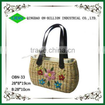 Wholesale corn husk weave bag with leather handle