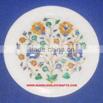 Round Marble Inlay Plate With Flower Design