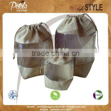 Juco drawstring bags with transperant pp sheet window