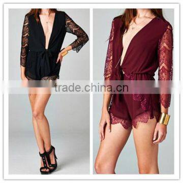 2015 new stylish sexy ladies Deep V neck open front romper playsuit lace sleeve short jumpsuit