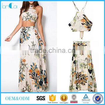 Women's Sexy 2 Piece Dress Set Slim Floral Backless Crop Toplong skirt+Maxi Dress