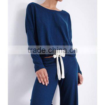 Wholesale Women Relaxed Scoop Neck Dropped Shoulders Long Sleeves Jersey Pyjama Blouse(DQE0160T) photo-4