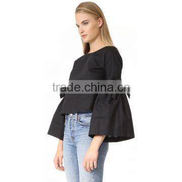 HAODUOYI Soild Black OL Women Blouse Round Neck Long Trumpet Bowknot Sleeve Silt Botton Hollow Out Back Lady Tops for Wholesale photo-4