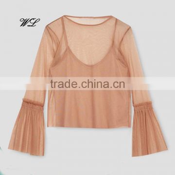 Wholesale woman fashion ruffle flounced sleeve soft mesh lady tops