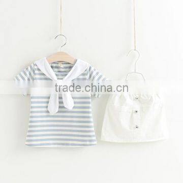 Girls Stripes College Wind Suit Summer New Style Children Clothing Set Baby Navy Collar t Skirt White Skirt photo-4