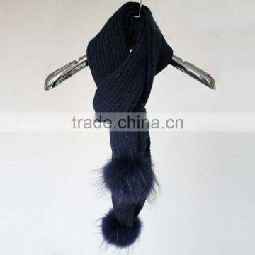 Myfur 30% Wool Solid Color Knitted Raccoon Fur Pom Pom Tassel Scarf with High Qulity