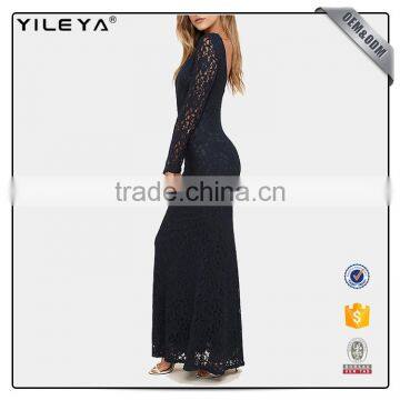 Guangzhou Factory Offer Long Sleeve Sexy Black Elegant Women's Crochet Lace Dress 2017 Designs ,women Lace Long Evening Dress photo-2