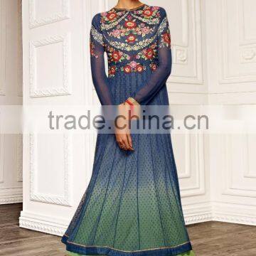 Blue Color on Embroidery Heavy Design at Neck Long Anarkali Designer Semi Stitch Salwar Kameez