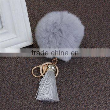 Custom Gold Plated Gray Angora Pom Pom Ball Rayon Tassel Keychain photo-3