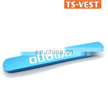 Gifts crafts plastic crafts top quality blue steel spring offset silkscreen safety slap band