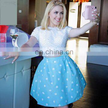 Two Piece Jewel Party Dress Hollow Short Sleeve A Line Mini Pearls Satin Beaded Prom Dress