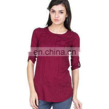 WOMEN FULL PRINTING TOPS WITH LONG SLEEVE TOPS, BATWING BLOUSE Fashion Maroon Top With Roll-up Sleeves