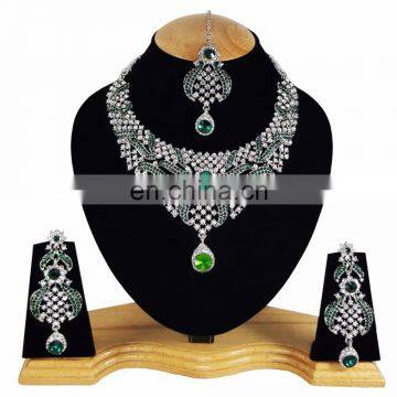 Designer Silver Plated Indian Handmade Party wear Kundan Zerconic Necklace set Green Color