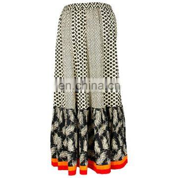 COTTON PRINTED +PLAIN DYED SKIRT WITH ORANGE COLOR LATEST FASHION