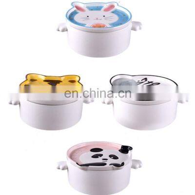 Children's instant noodle bowl with lid creative household Japanese anti-scalding cartoon ceramic bowl set with handle