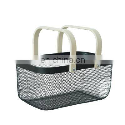 Manufacture Kitchen Home Big Size Black Metal Wire Iron Fruit Storage Basket Double Wood Handles