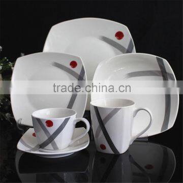 10.5 inch square coupe shape porcelain strip and red sun decorated inexpensive Hebei factory 20PCS ceramic dinnerware set