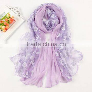 Korea Lady Fashion Flower Embroidery Double Layered Lace Chiffon Scarf photo-4