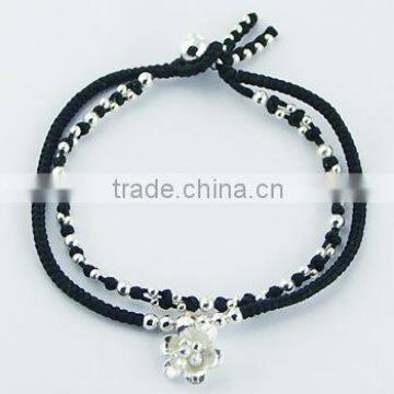 Sterling Silver Flower Charm and Beads on Double Macrame Bracelet