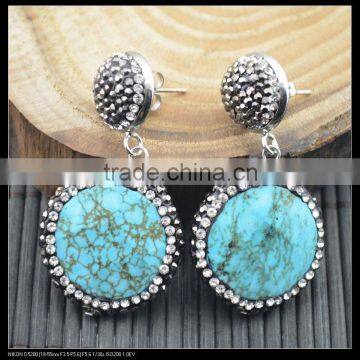 LFD-022E Wholesale Turquoise Round Shape Dangle Earring With Pave Crystal Rhinestone Charm Jewelry Druzy Earrings