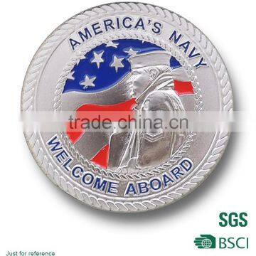 customized metal silver soft enamel souvenir Navy coin with rope edge