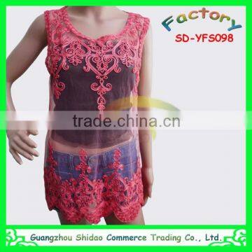 Summer women organza red lace top embroidery elegant lace top blouses rope lace blouse