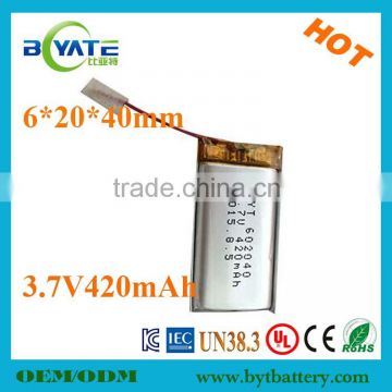 Shenzhen biyate ev li-ion rechargeable 3.7V 420mah battery pack