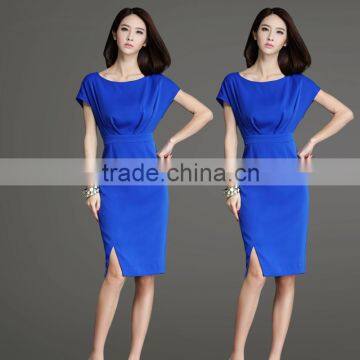 Women's Knee Length Split Short Sleeve Round Neck Blue Dress Pleated Waist Line Dress